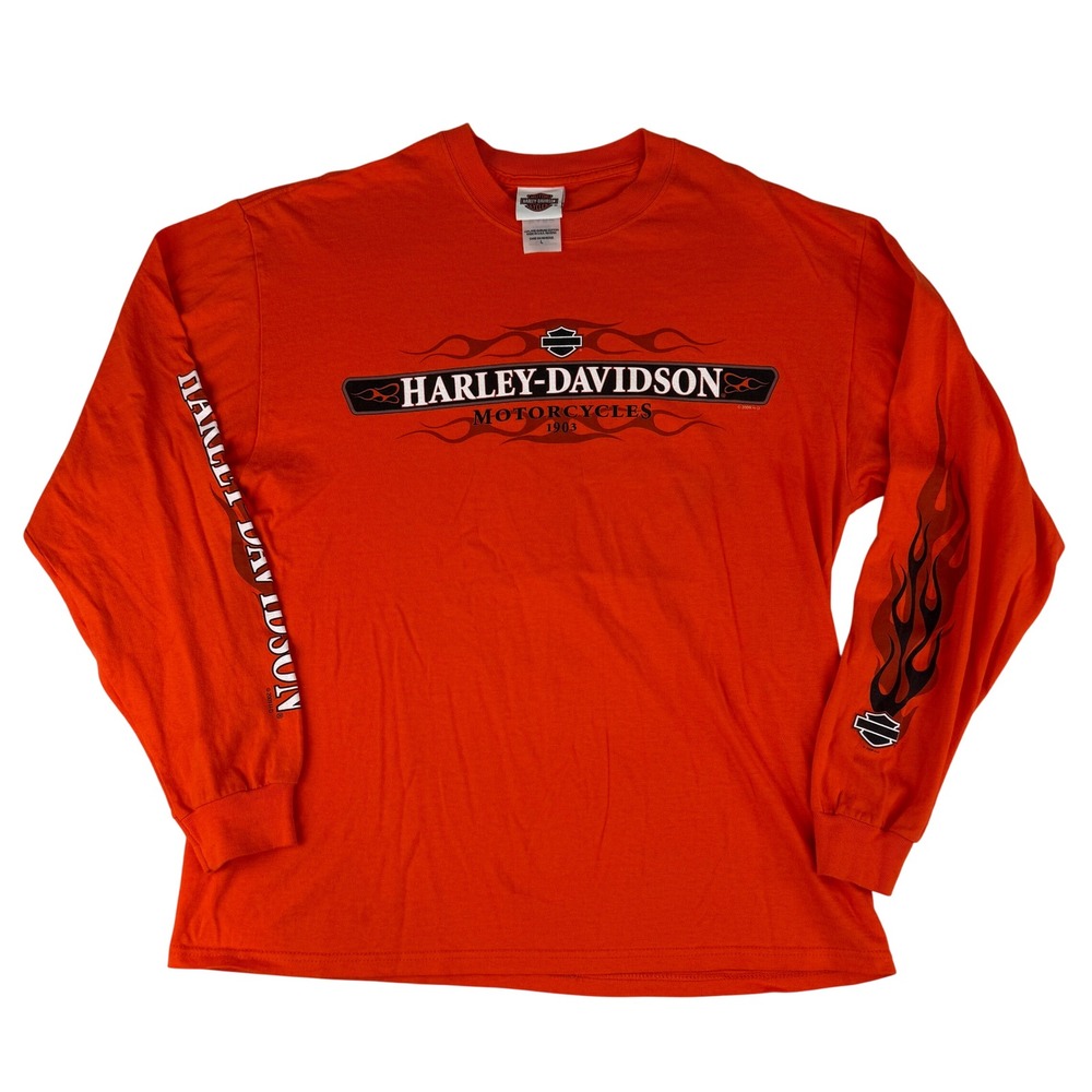 Harley-Davidson Long Sleeve Shirt Large Orange Flame Graphic Fond Du Lac WI 2009